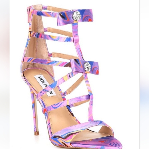 NEW Steve Madden Retro Print Sinclair Satin Rhinestone Strappy Dress Sandals - Picture 1 of 16